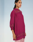 Fuchsia A line Rayon Tunic with Embroidery and Smocking effect Puffed Sleeve