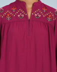 Fuchsia A line Rayon Tunic with Embroidery and Smocking effect Puffed Sleeve