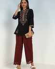 Black Boho Straight Tunic with Dense Embroidery