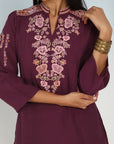 Wine Floral Tunic with Shoulder Gathers