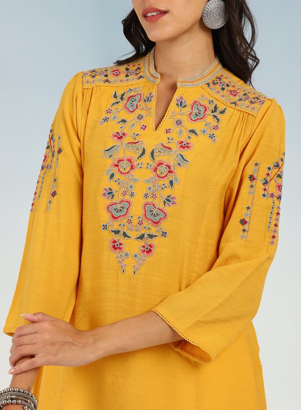 Yellow Floral Tunic with Shoulder Gathers-23AWLK03059-2 – Lakshita