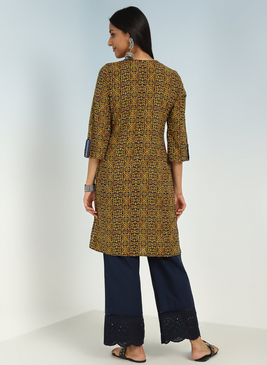 Navy Round Neck Straight Fit kurti with Patch Work