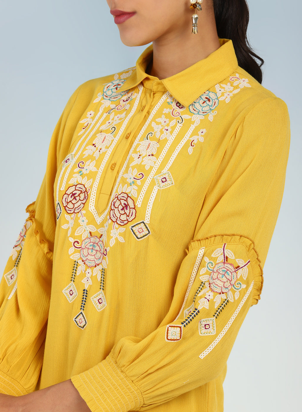 Yellow Kurti with Embroidery and Gathered Cuff