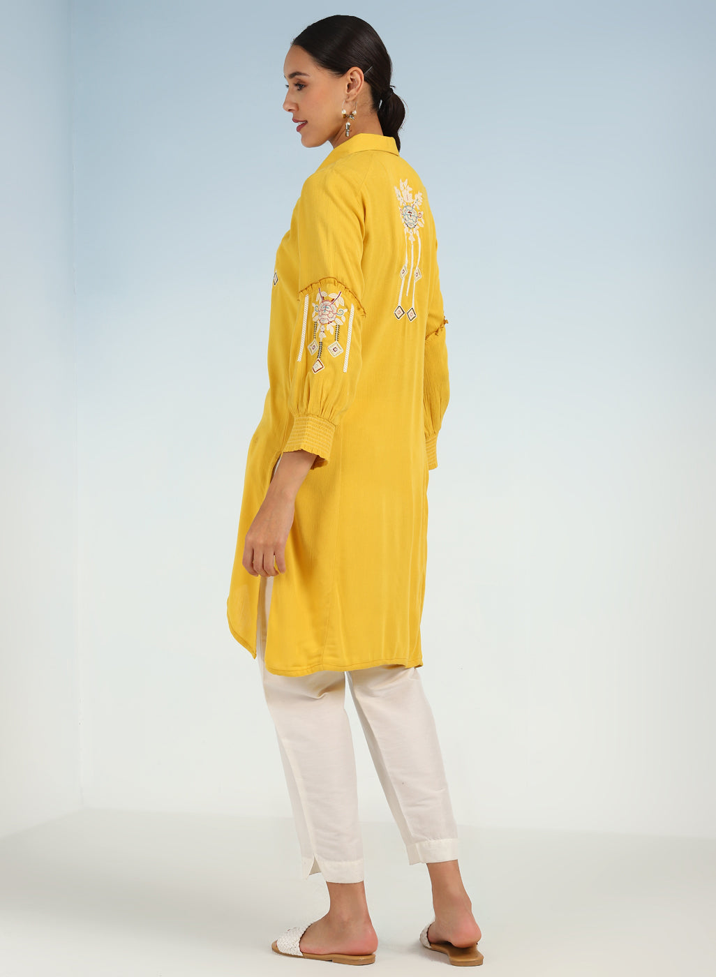 Yellow Kurti with Embroidery and Gathered Cuff