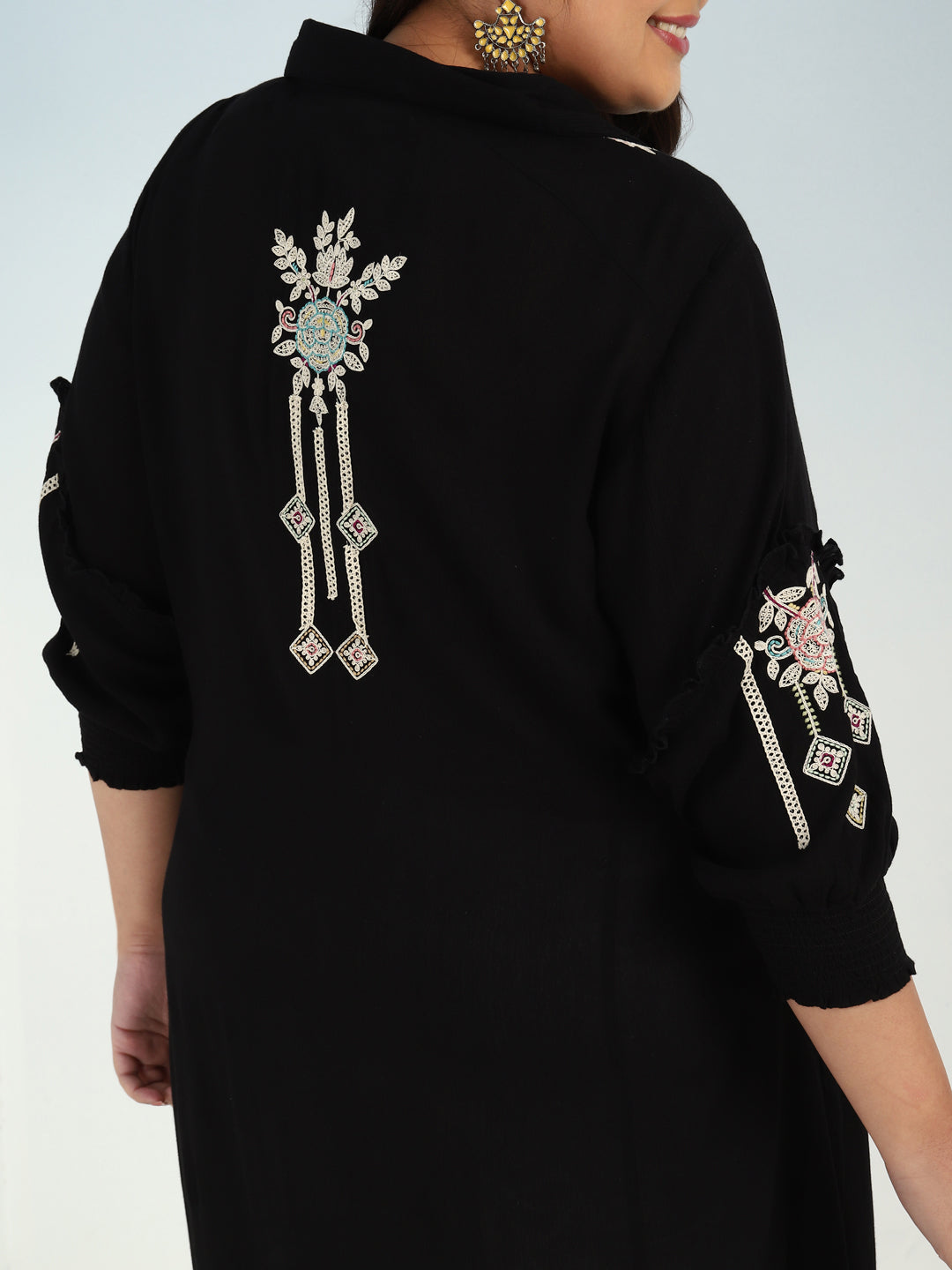 Black Kurti with Embroidery and Gathered Cuff
