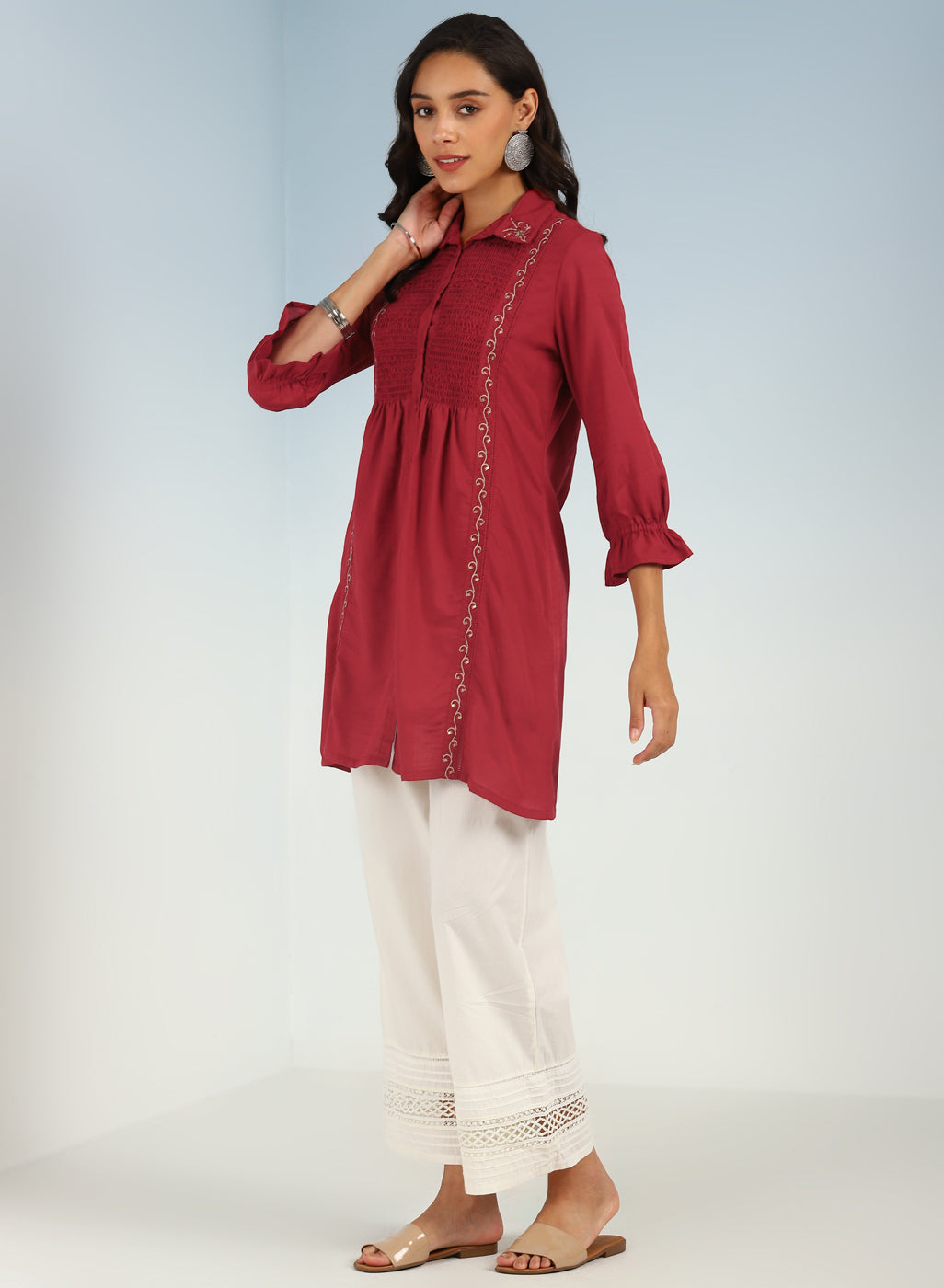 Brick Red A Line Tunic with Smocking Front and Classic Collar