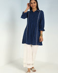 Blue A Line Tunic with Smocking Front and Classic Collar