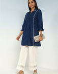 Blue A Line Tunic with Smocking Front and Classic Collar