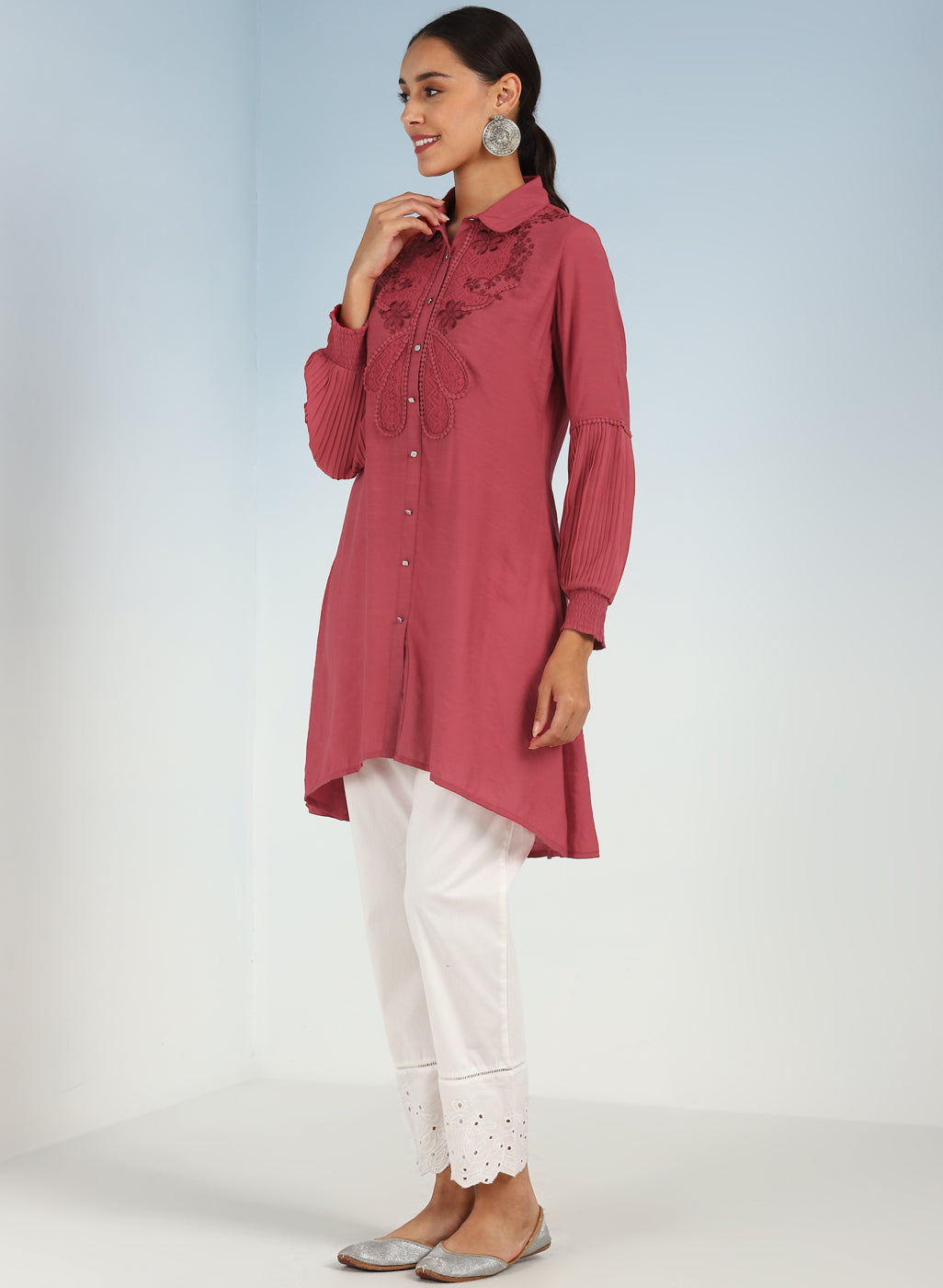 Watermelon Pink Kurti with Curved Hem and Pleated Sleeves