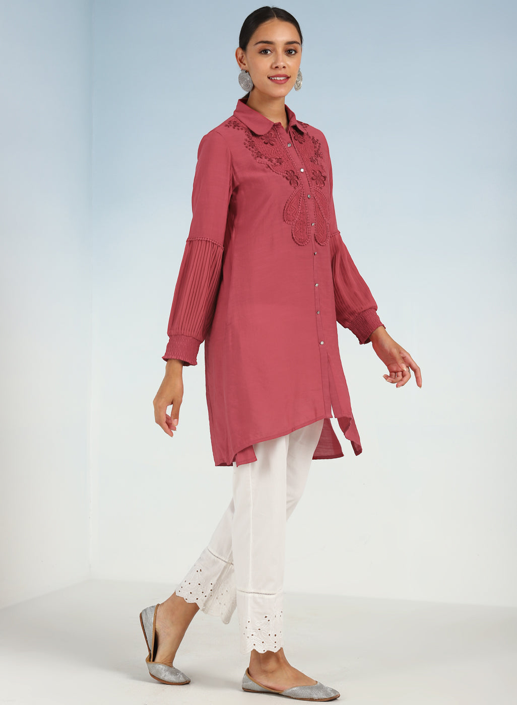 Watermelon Pink Kurti with Curved Hem and Pleated Sleeves