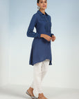 Navy Blue Kurti with Curved Hem and Pleated Sleeves