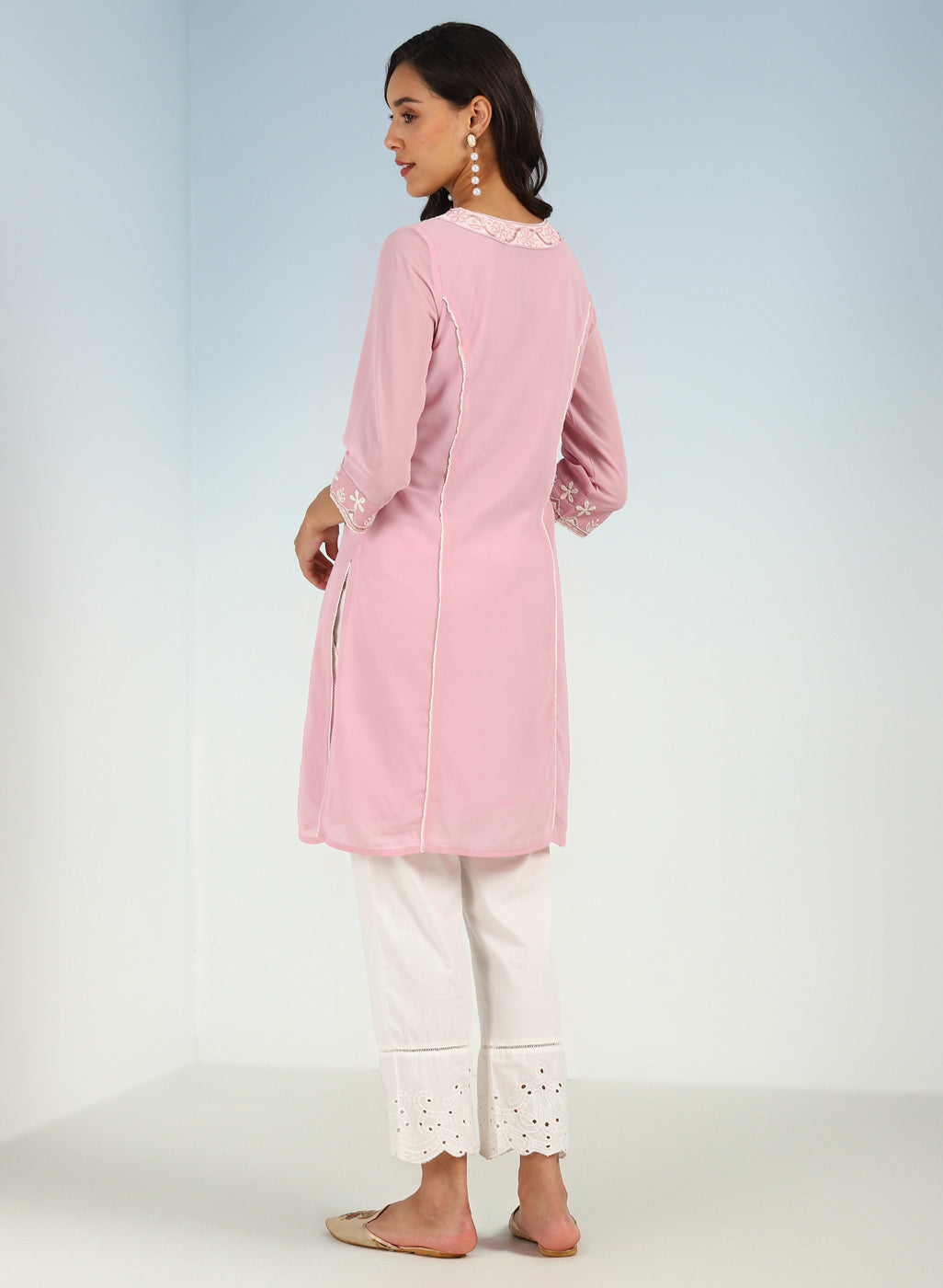 Solid Pink Round Neck kurti with Sequins Work