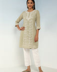 Solid Green Round Neck kurti with Sequins Work