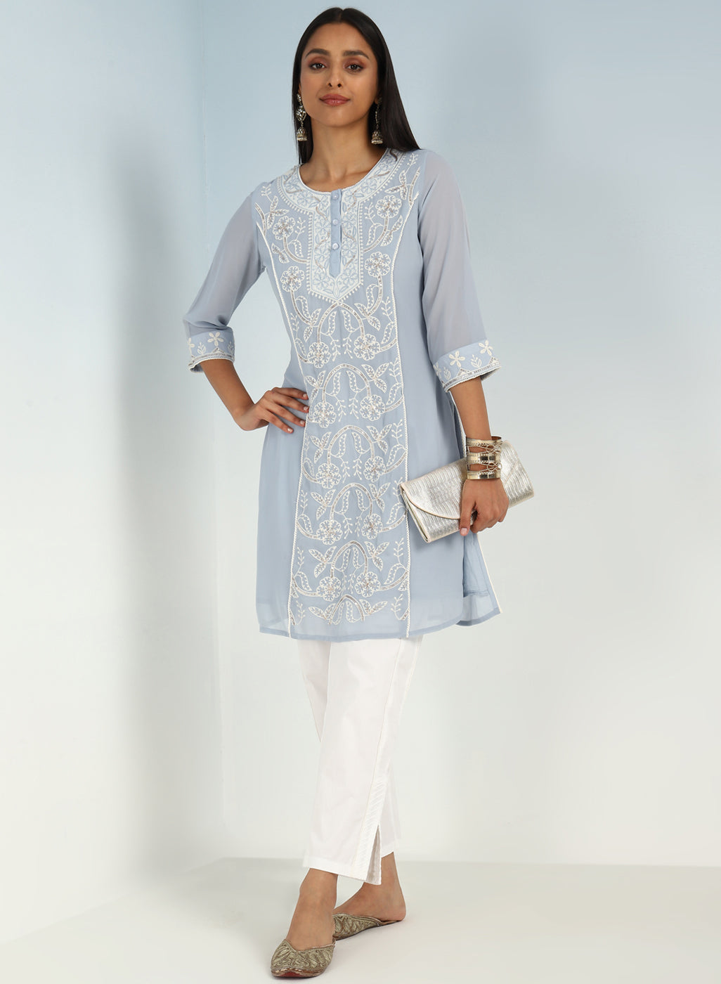 Solid Spa Blue Round Neck Kurti with Sequins Work