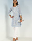Solid Spa Blue Round Neck Kurti with Sequins Work