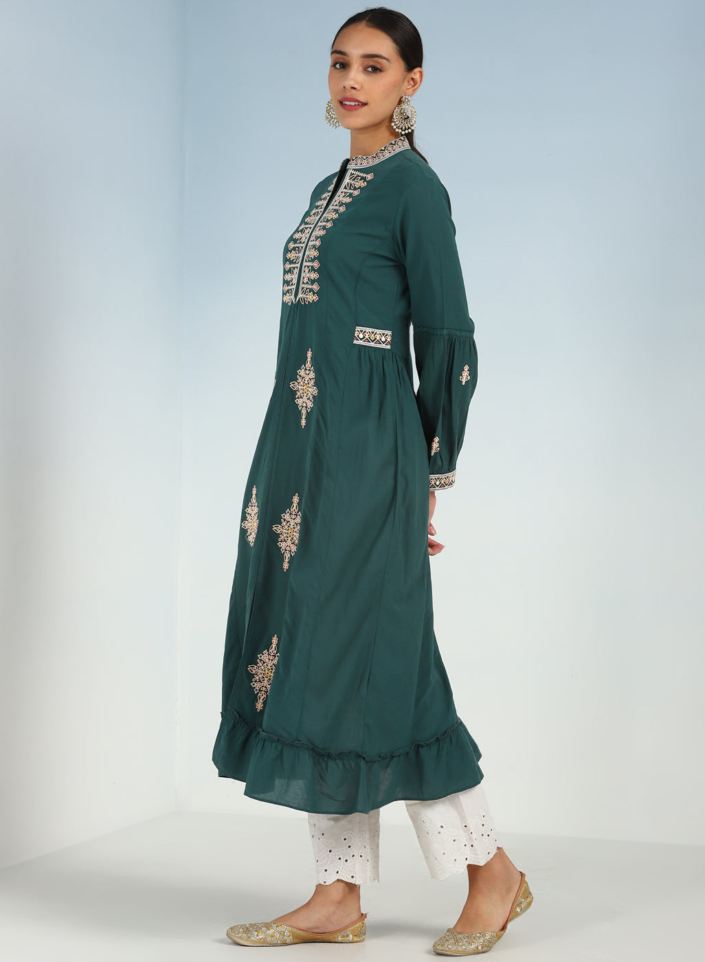 Green Long Geometrical Embroidered Dress with Frilled Hem