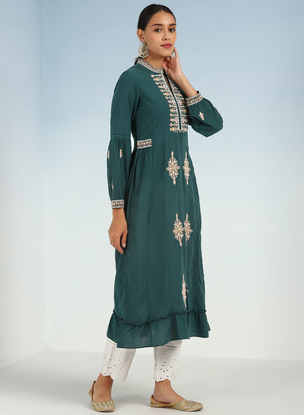 Green Long Geometrical Embroidered Dress with Frilled Hem