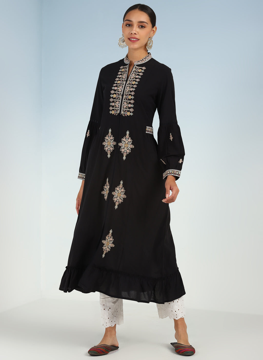 Black Long Geometrical Embroidered Dress with Frilled Hem-23AWLK04052-6 ...