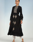 Black Long Geometrical Embroidered Dress with Frilled Hem