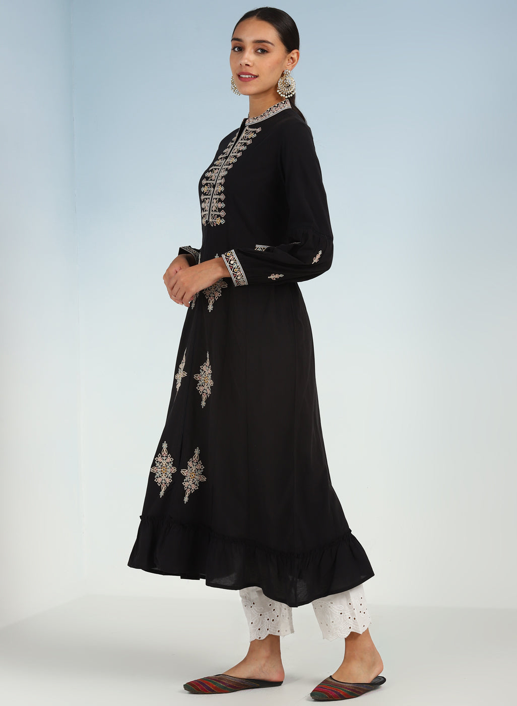 Black Long Geometrical Embroidered Dress with Frilled Hem Black Long Geometrical Embroidered Dress with Frilled Hem