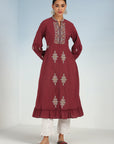 Maroon Long Geometrical Embroidered Dress with Frilled Hem