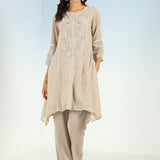 Sand Sequined Kurta Set with Flared Asymmetric Hem