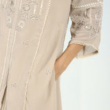 Sand Sequined Kurta Set with Flared Asymmetric Hem