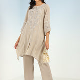Sand Sequined Kurta Set with Flared Asymmetric Hem
