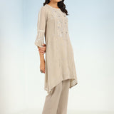 Sand Sequined Kurta Set with Flared Asymmetric Hem