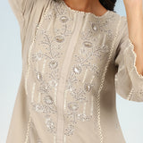 Sand Sequined Kurta Set with Flared Asymmetric Hem