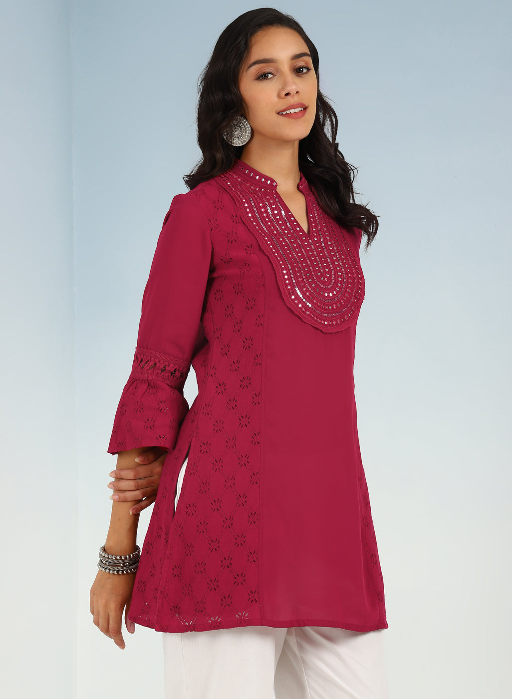 Rose Short Tunic with Mirror Work and Bell Sleeves-23AWLK04082-1 – Lakshita
