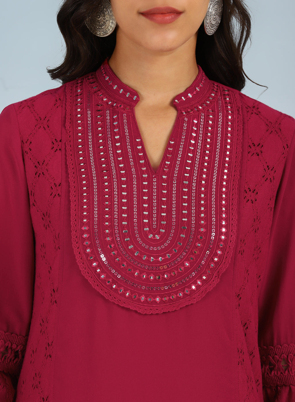 Rose Short Tunic with Mirror Work and Bell Sleeves