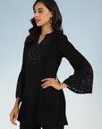 Black Short Tunic with Mirror Work and Bell Sleeves