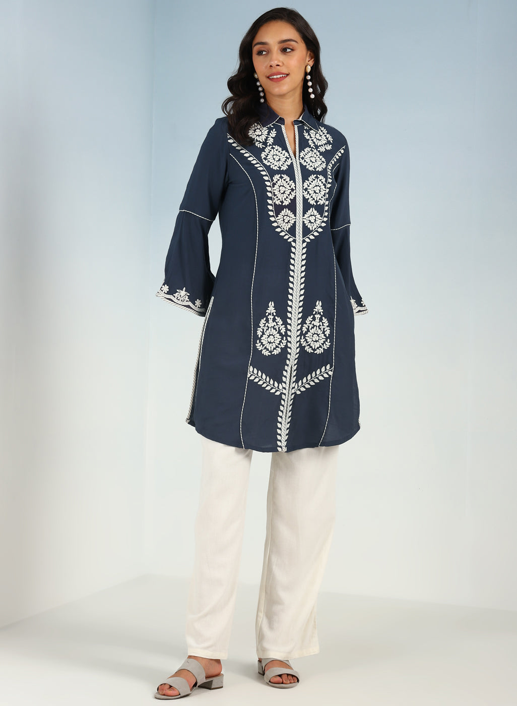 Grey kurti with Dori work and Bell Sleeves