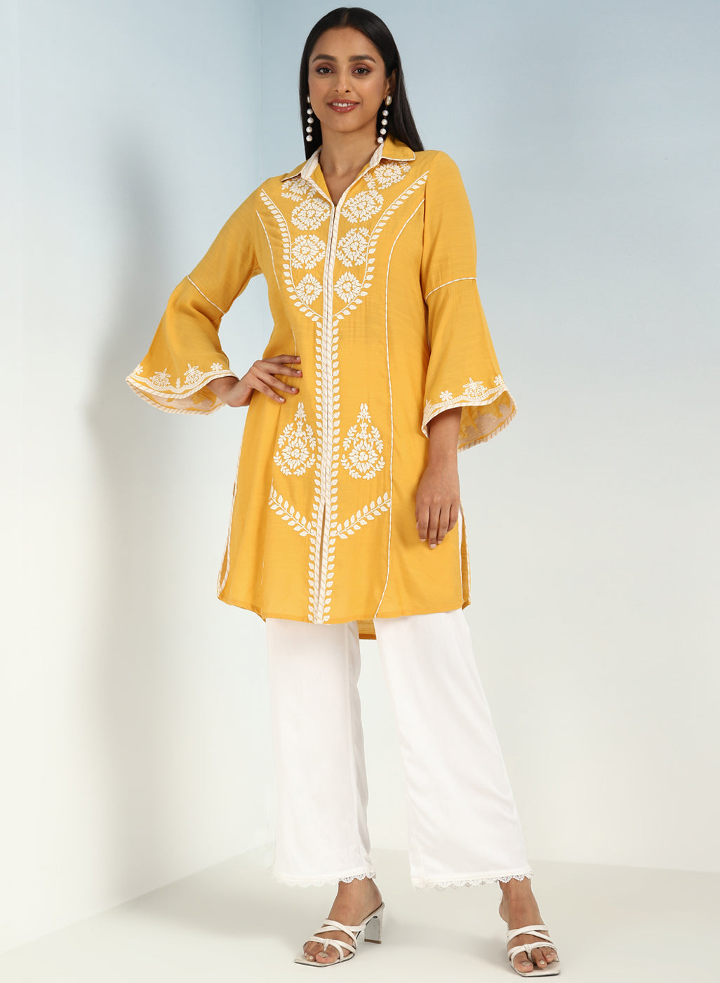 Yellow kurti with Dori work and Bell Sleeves Yellow kurti with Dori work and Bell Sleeves