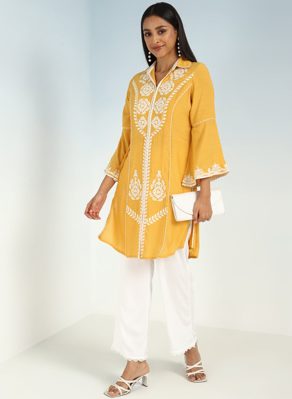 Yellow kurti with Dori work and Bell Sleeves