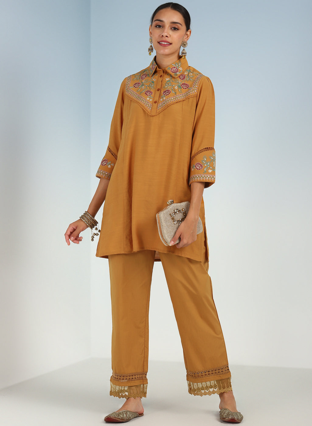 Mustard Embroidered Tunic for Women with Classic Collar