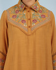 Mustard Embroidered Tunic for Women with Classic Collar