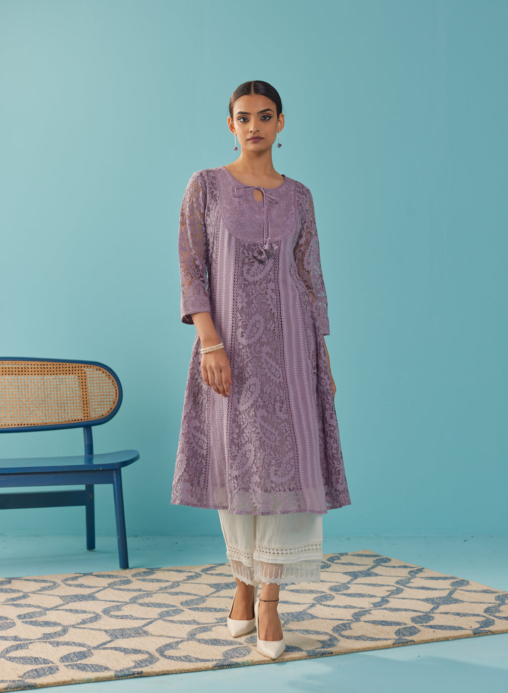 Purple A Line Kalidaar Raschel Dress with Tassels