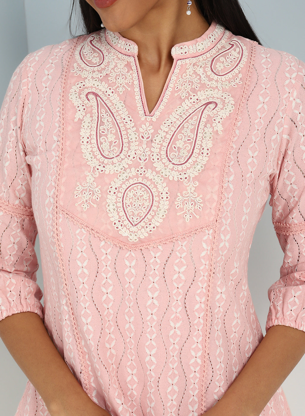 Pink Raschel Net Embroidered Kurti for Women