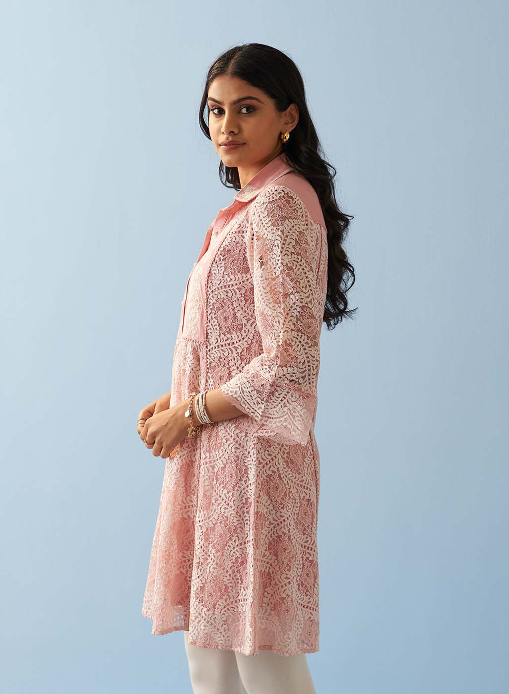 Pink Lace Collared Tunic for Women
