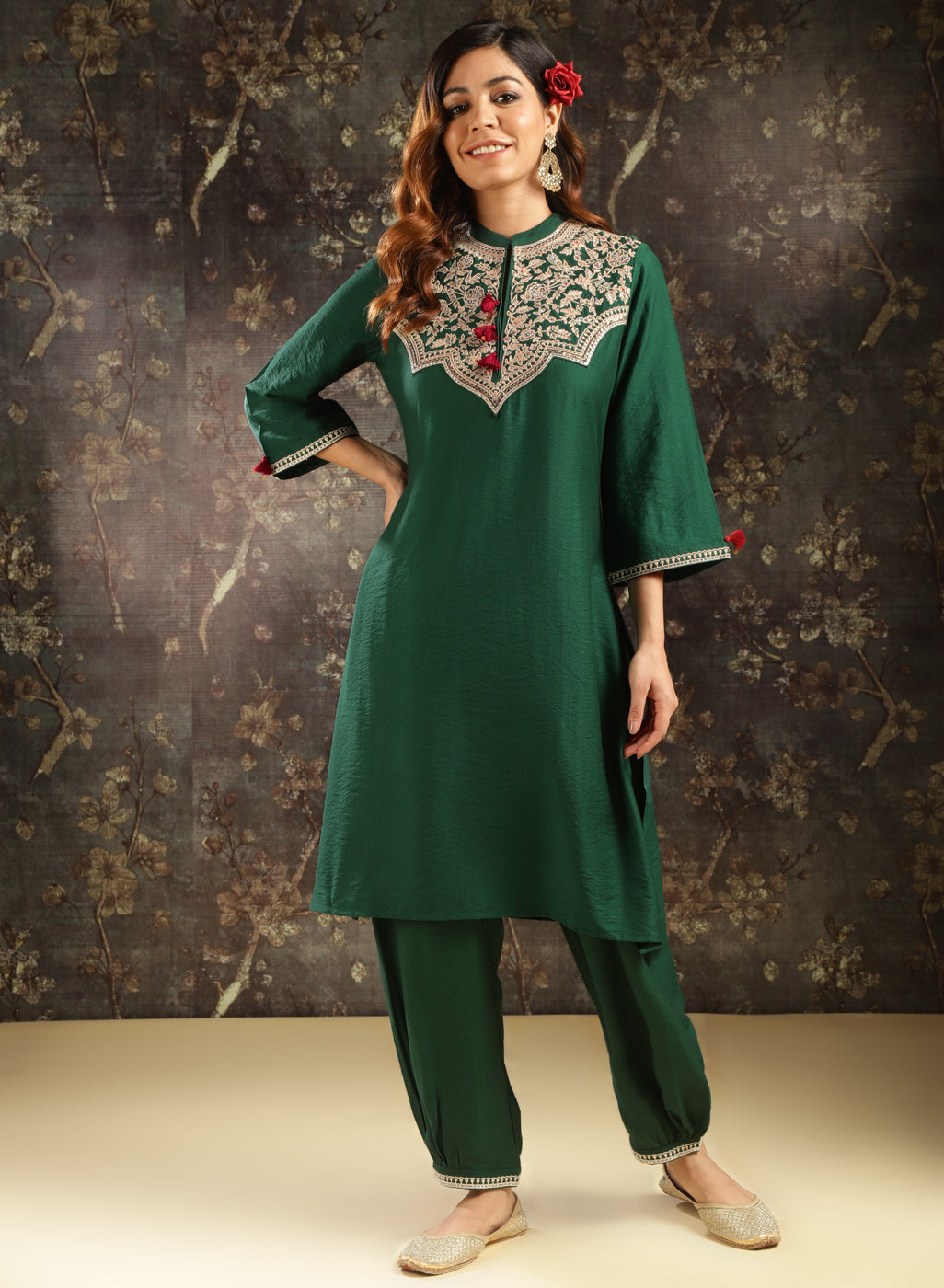 Forest Green Embroidered Kurta Set with Tessels