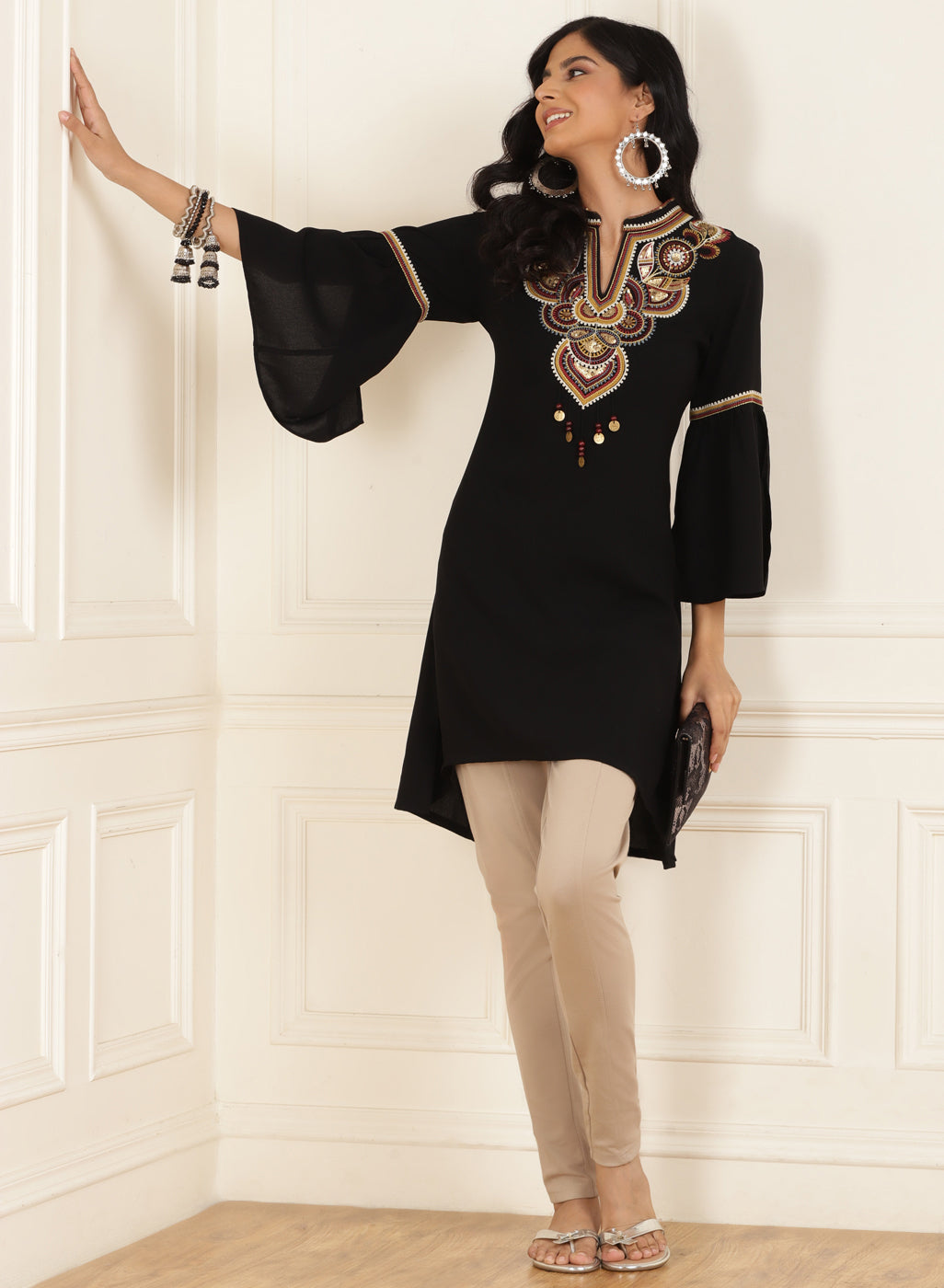 Black Embroidered Georgette Tunic for Women