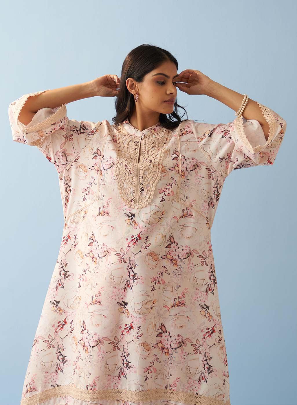 Yellow Floral Printed Loose Fit Kurta with Lace Inserts - Lakshita