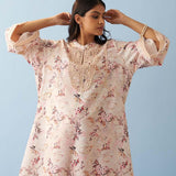 Yellow Floral Printed Loose Fit Kurta with Lace Inserts - Lakshita