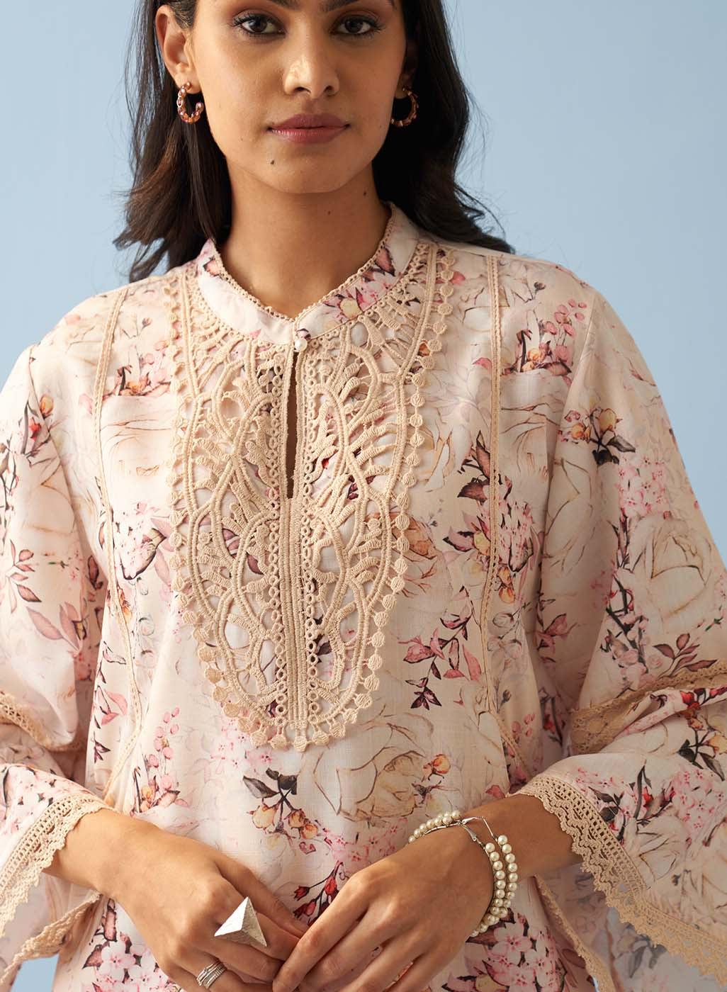 Yellow Floral Printed Loose Fit Kurta with Lace Inserts - Lakshita
