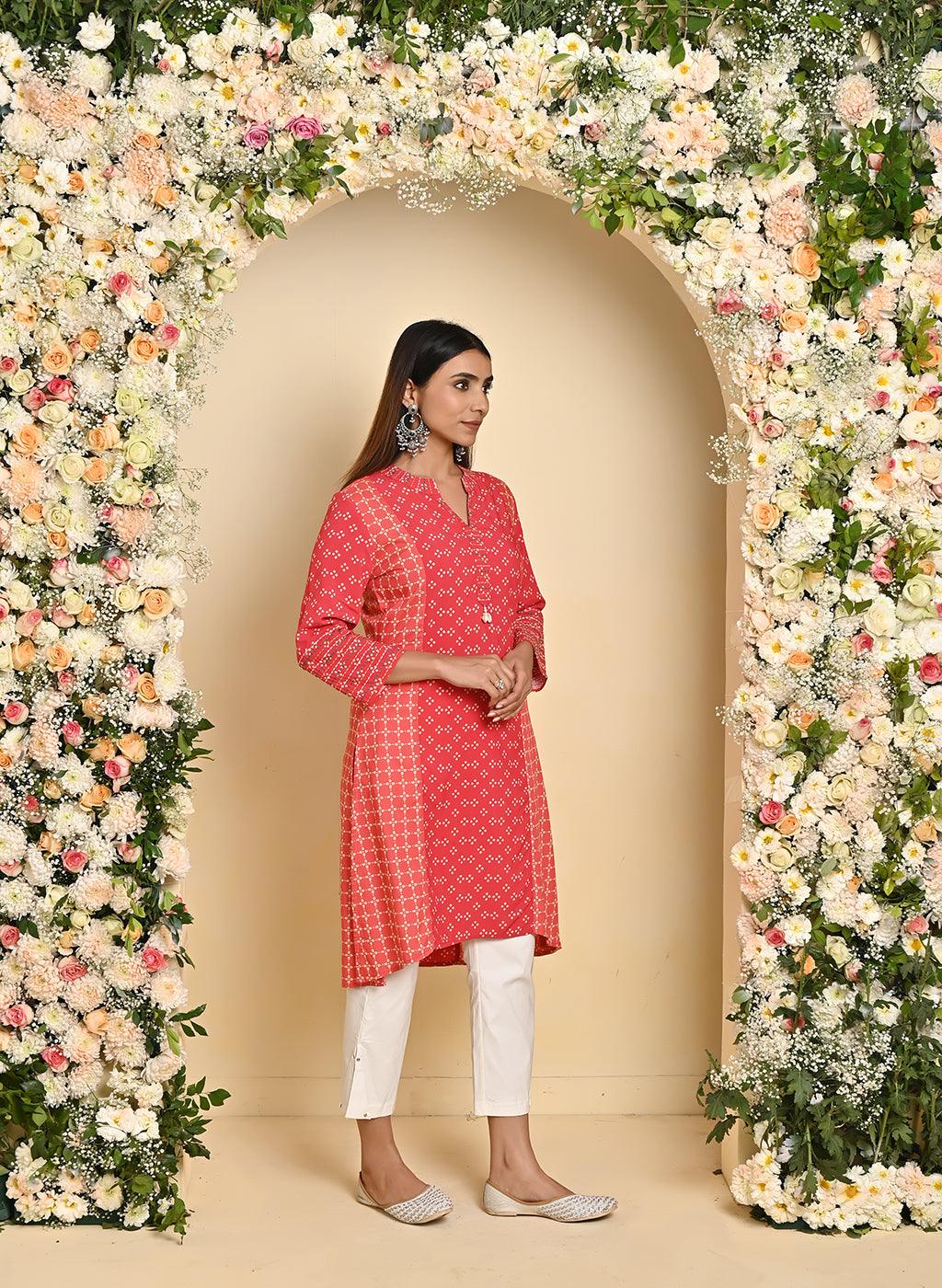 Orange Printed Kurta with Threadwork and 3/4th Sleeves - Lakshita