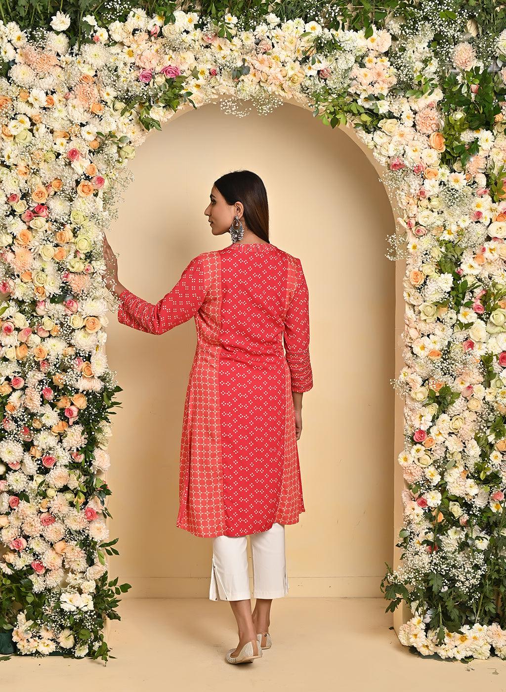 Orange Printed Kurta with Threadwork and 3/4th Sleeves - Lakshita