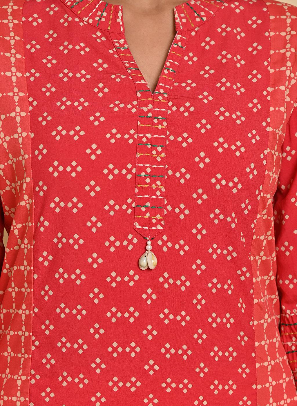 Orange Printed Kurta with Threadwork and 3/4th Sleeves - Lakshita