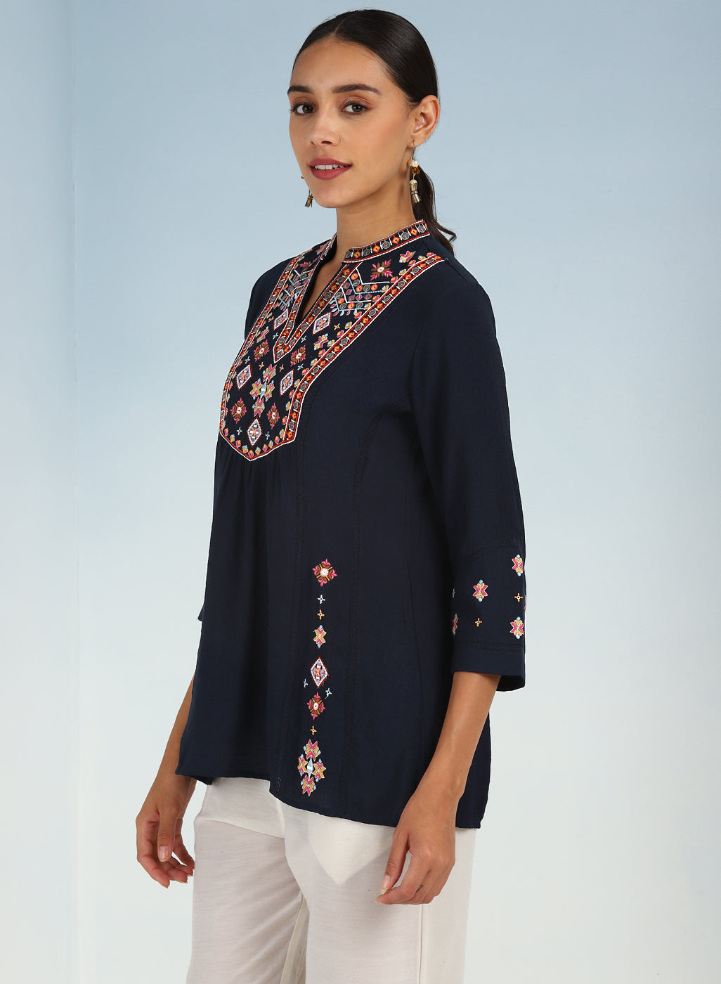 Navy Blue Tunic with Front Yoke Embroidery Detail